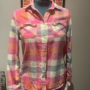Pink White and Blue Flannel Button Up